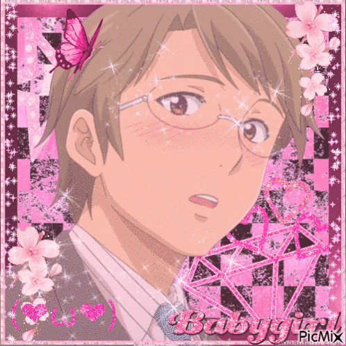 a picture of a man with glasses and a pink butterfly on his head with the words babygirl on the bottom right