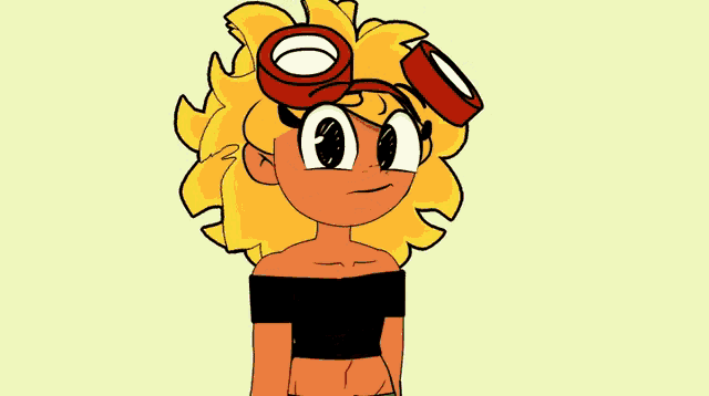 a cartoon of a girl wearing goggles and a black top