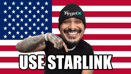 a man in front of an american flag with the words use starlink written below him