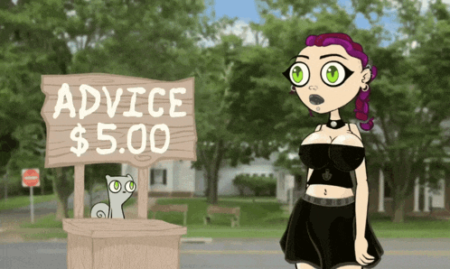 a cartoon of a woman standing next to a sign that says advice $ 5.00