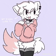 a white furry with a pink tail is wearing a pink sweater and black socks .