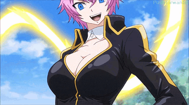 a woman with pink hair and blue eyes is standing in front of a blue sky with the words push forward on the bottom right