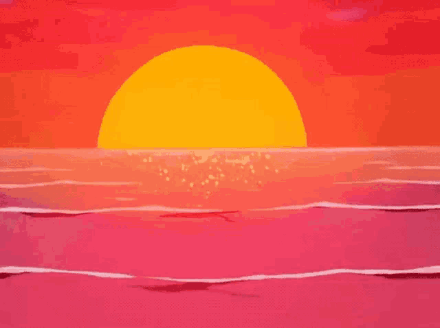 a painting of a sunset over the ocean with the sun shining through the waves .