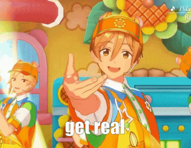 a cartoon character is giving a thumbs up and the words get real are visible