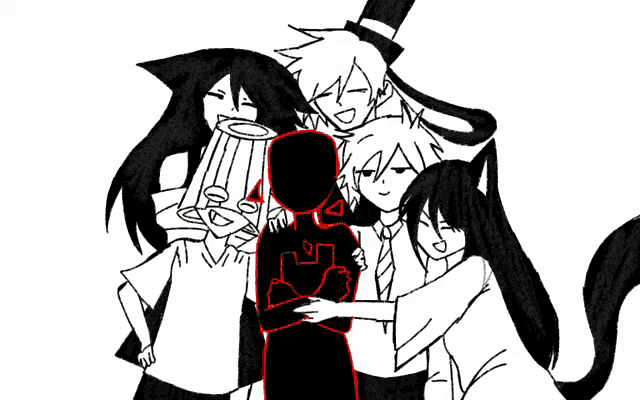 a black and white drawing of a group of anime characters with a red silhouette in the middle