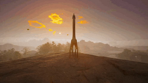 a statue of a dinosaur stands on top of a hill