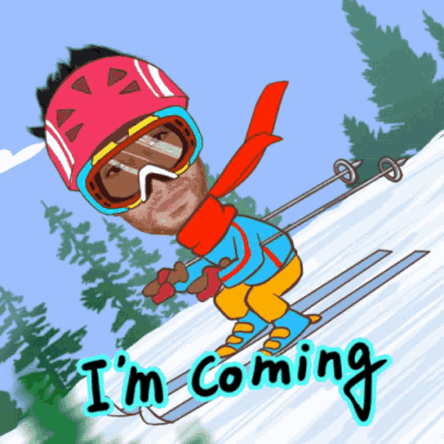 a cartoon of a man skiing with the words i 'm coming underneath him