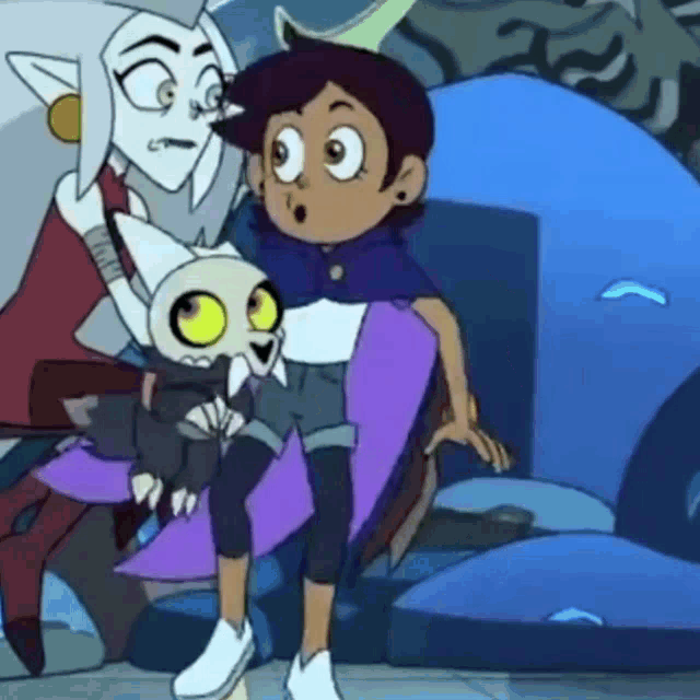a group of cartoon characters are standing next to each other on a blue background .