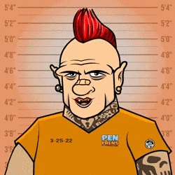 a cartoon drawing of a man with a mohawk and a pen frens shirt