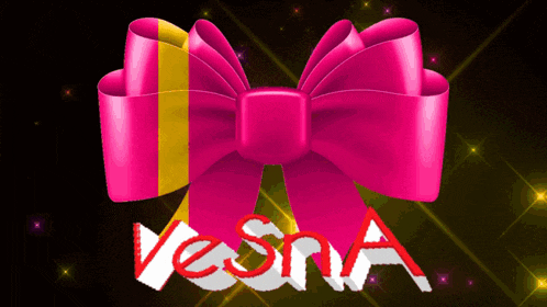 a pink bow with the name vesna written in red