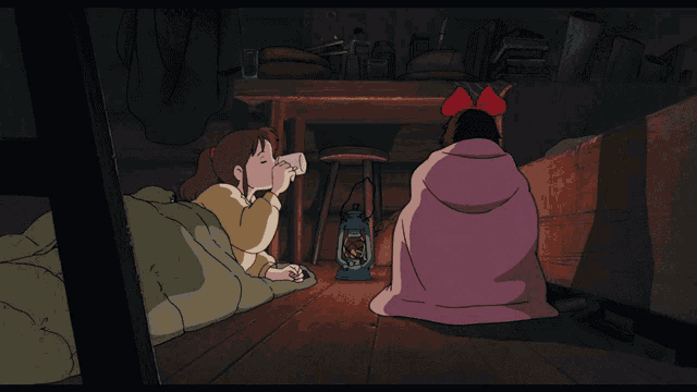 a cartoon of a girl sitting on a blanket next to a blue lantern