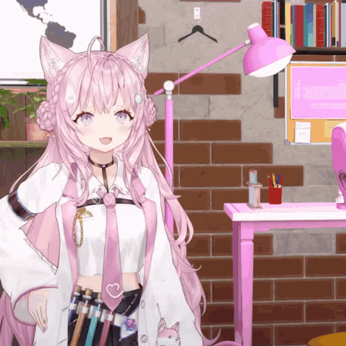 a girl with pink hair and cat ears stands in front of a pink lamp