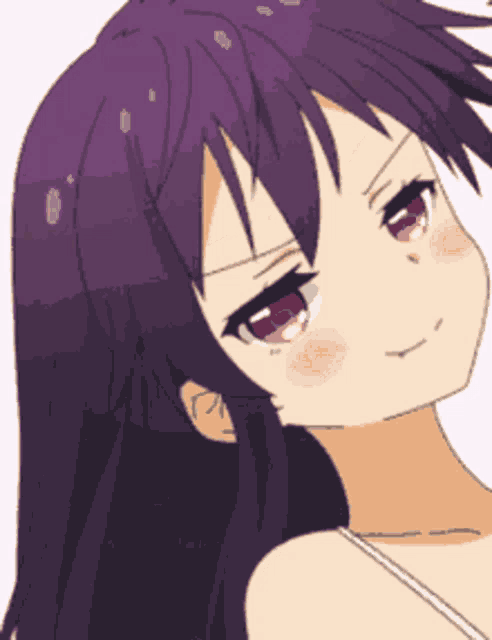 a girl with purple hair and red eyes is looking at the camera