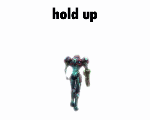 a video game character is holding a gun with the words hold up above him