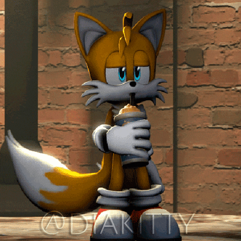 tails from sonic the hedgehog is drinking through a straw from a can