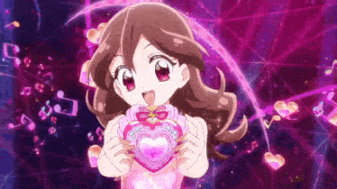 a cartoon girl is holding a pink heart shaped object