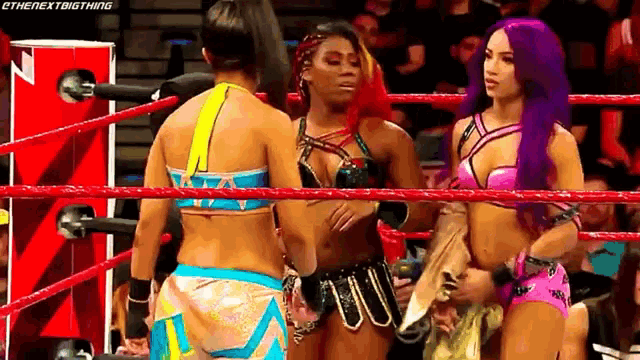a group of women are standing in a wrestling ring .