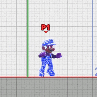 a purple mario is standing on a grid with a red p1 sign above him