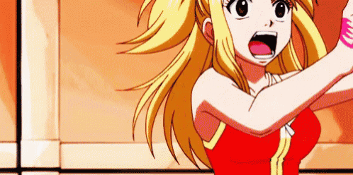 a girl with blonde hair and a red shirt is standing in front of a wall and shouting .