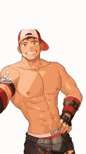 a shirtless anime character is taking a selfie with his hand on his hip