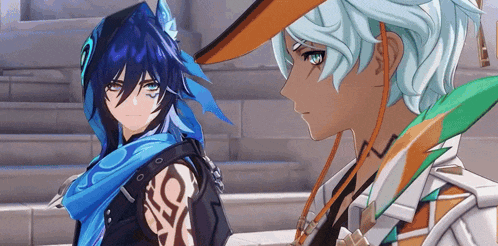 a couple of anime characters are standing next to each other .