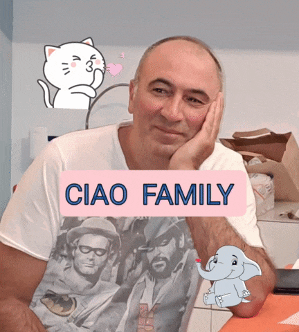 a man wearing a ciao family t-shirt with an elephant sticker on his arm