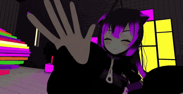 a girl with purple hair is giving a high five in a room with neon lights