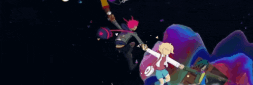 a couple of people standing next to each other in a colorful cartoon .