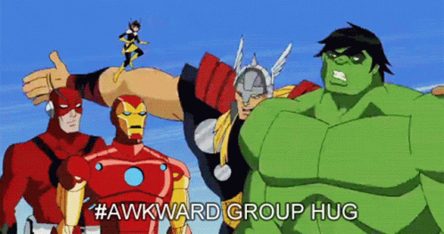 Avengers Avengers Earths Mightiest Heroes GIF - Avengers Avengers Earths Mightiest Heroes Awkward Group Hug GIFs