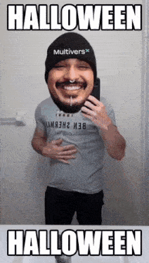 a man taking a picture of himself with the words halloween on the bottom