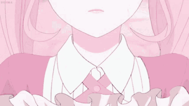 a close up of a pink and white anime girl with pink hair and a white shirt .