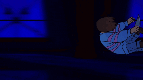 a cartoon character is kneeling down with a knife in her hand