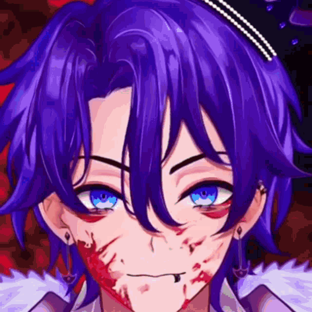 a close up of a person 's face with purple hair and blue eyes .