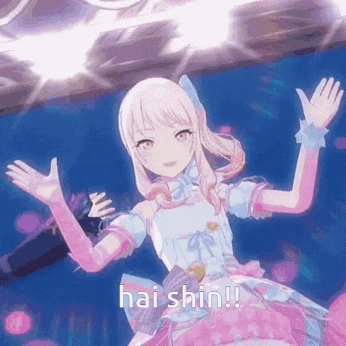 a girl in a pink dress and gloves says hai shin !!