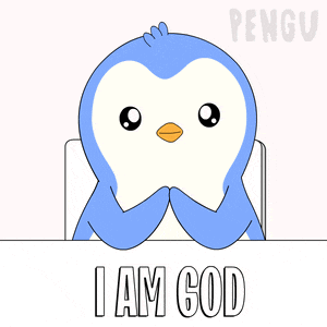 a blue and white penguin sitting at a table with the words i am god written below it