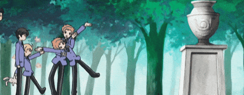 a group of anime characters are standing around a statue in the woods