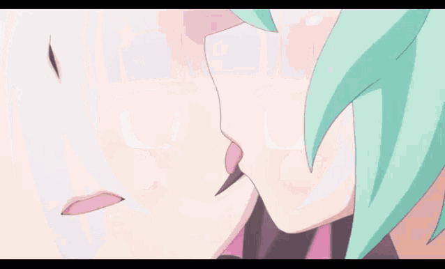 a close up of a person 's face with a pink lip and green hair