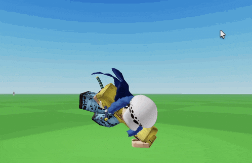 a cartoon character is standing in a field with a blue cape on