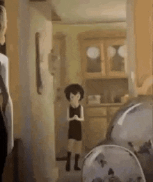 a cartoon character is standing in a kitchen next to a bottle of water .