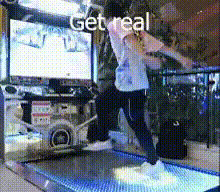 a person playing a video game with the words get real on the bottom right