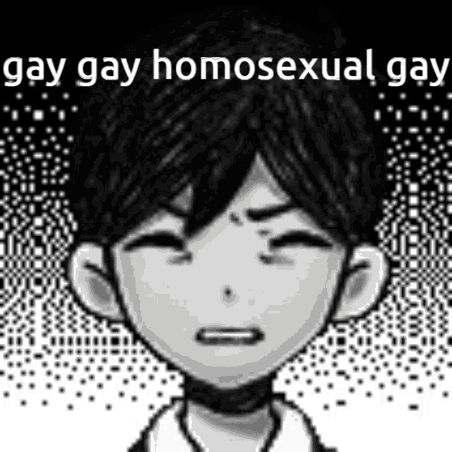 a black and white drawing of a boy with a choker on his neck and the words `` gay gay homosexual gay '' .