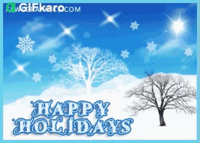 a happy holidays greeting card with snowy trees