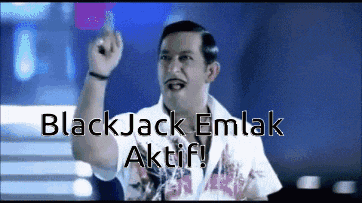 a man with a mustache is pointing up with the words blackjack emlak aktif written below him
