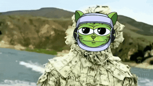 a cartoon of a cat wearing a helmet and headphones covered in money