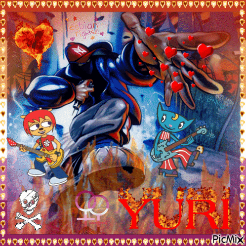 a cartoon drawing of a man playing a guitar with yuri written on the bottom