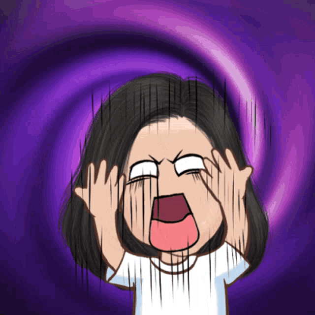 a cartoon drawing of a woman screaming with a purple background