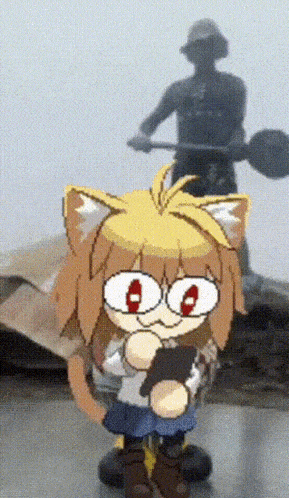 a cartoon drawing of a cat girl with big red eyes standing in front of a man with a shovel