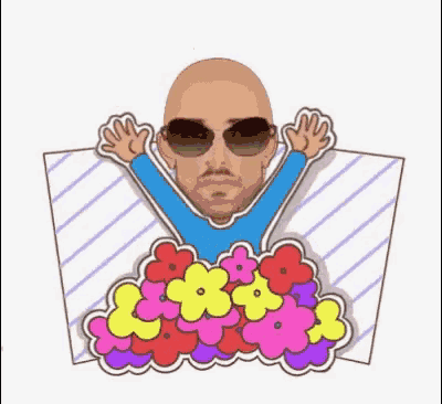 a cartoon of a bald man wearing sunglasses surrounded by colorful flowers .