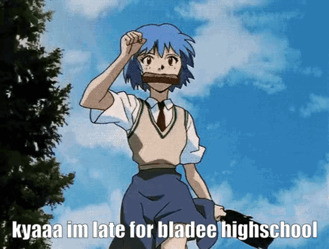 a girl with blue hair is wearing a vest and tie and says " kyaaa im late for bladee highschool " .