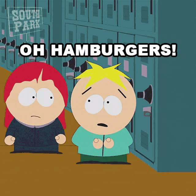a south park cartoon says oh hamburgers in front of lockers